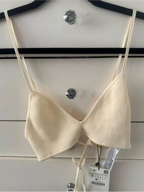 Cream Ribbed Tie-Back Crop Bralette
